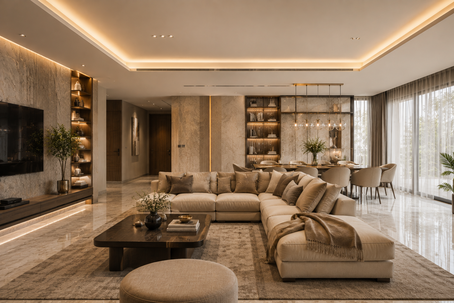 Warm neutral living and dining space with marble and wood detailing